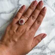 Load image into Gallery viewer, 2.55ct Oval Orange Sapphire Ring with Sapphire and Diamond halo in 18K Yellow Gold