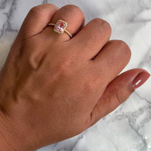 Load image into Gallery viewer, 0.98ct. Radiant Peach Sapphire Ring with Diamond Halo in 18K Rose Gold