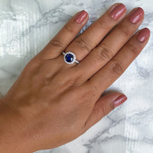 Load image into Gallery viewer, 1.62ct Round Blue Sapphire Ring with Diamond Halo in 18K White Gold