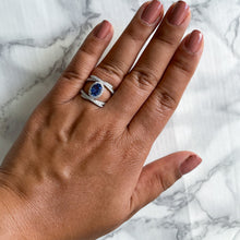 Load image into Gallery viewer, 1.33ct Oval Blue Sapphire Ring with Diamond Halo in 18K White Gold