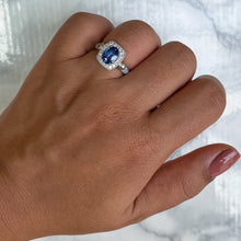Load image into Gallery viewer, 1.56ct Oval Blue Sapphire Ring with Diamond Halo in Platinum
