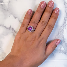 Load image into Gallery viewer, 3.09ct Oval Pink Sapphire Ring with Diamond Halo in 14K White Gold
