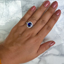 Load image into Gallery viewer, 3.59ct. Oval Blue Sapphire Ring with Diamond Halo in 18K White Gold