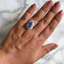 Load image into Gallery viewer, 4.37ct Radiant Blue Sapphire Ring with Diamond Halo in Platinum