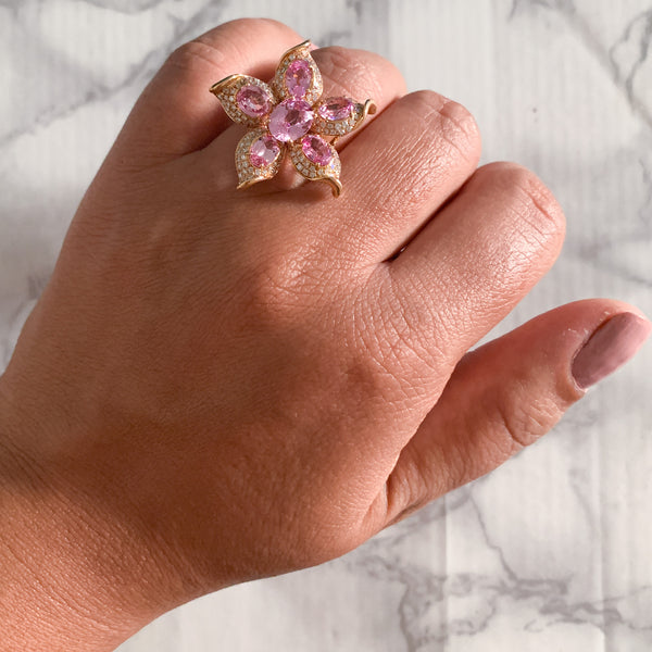 1.76ct GIA Certified Unheated Oval Padparadscha Sapphire Ring with Padparadscha and Diamond Accents in 18K Rose Gold