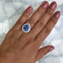 Load image into Gallery viewer, 6.08ct Pear Shaped Blue Sapphire Ring with Sapphire and Diamond halo in 18K White Gold