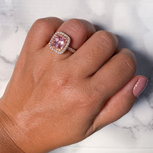 Load image into Gallery viewer, 1.75ct. Cushion Padparadscha Ring with Sapphire and Diamond Halo in 18K Rose Gold
