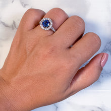 Load image into Gallery viewer, 1.46ct Round Blue Sapphire Ring with Diamond Halo in 14K White Gold