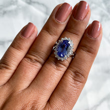 Load image into Gallery viewer, 5.45ct Oval Tanzanite Ring with Diamond Halo in 14K White Gold
