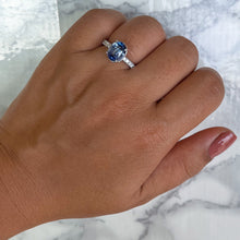 Load image into Gallery viewer, 3.30ct Oval Blue Sapphire Ring with Hidden Diamond Halo in 18K White Gold