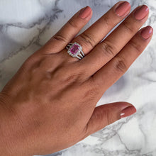 Load image into Gallery viewer, 2.25ct Emerald Cut Pink Sapphire Ring with Diamond halo in 18K White Gold