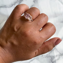 Load image into Gallery viewer, 3.04ctw Three Stone Padparadscha Ring with Diamond Halo in 18K Rose Gold