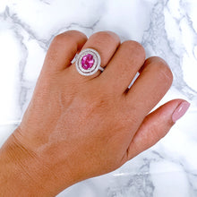 Load image into Gallery viewer, 2.90ct Oval Pink Sapphire Ring with Double Diamond Halo in 14K White Gold