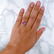 Load image into Gallery viewer, 1.67ct Pear Shaped Unheated Pink Sapphire Ring with Diamond Halo in 18K White Gold