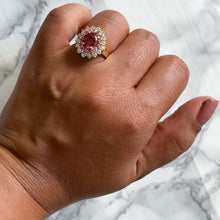 Load image into Gallery viewer, 2.55ct Oval Orange Sapphire Ring with Sapphire and Diamond halo in 18K Yellow Gold