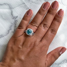Load image into Gallery viewer, 5.04ct. Cushion Blue Zircon Ring with Diamond Halo in 18K White Gold