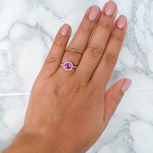 Load image into Gallery viewer, 1.03ct Round Pink Sapphire Ring with Diamond Halo in 18K White Gold