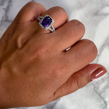 Load image into Gallery viewer, 4.49ct Cushion Purple Sapphire Ring with Diamond Halo in 18K White Gold