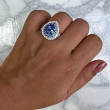 Load image into Gallery viewer, 6.08ct Pear Shaped Blue Sapphire Ring with Sapphire and Diamond halo in 18K White Gold