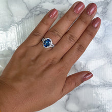 Load image into Gallery viewer, 3.55ct Oval Blue Sapphire Ring with Diamond Halo in 18K White Gold