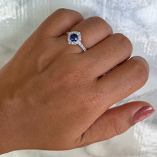 Load image into Gallery viewer, 0.68ct. Round Blue Sapphire Ring with Diamond Halo in 18K White Gold