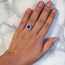 Load image into Gallery viewer, 1.46ct Round Blue Sapphire Ring with Diamond Halo in 14K White Gold