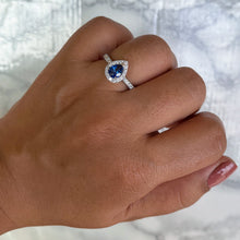 Load image into Gallery viewer, 0.94ct Pear Blue Sapphire Ring with Diamond Halo in 18K White Gold