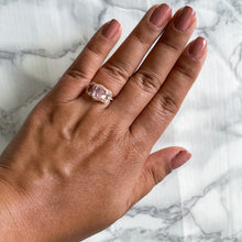 Load image into Gallery viewer, 3.04ctw Three Stone Padparadscha Ring with Diamond Halo in 18K Rose Gold