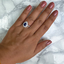 Load image into Gallery viewer, 1.48ct Pear Blue Sapphire Ring with Double Diamond Halo in 18K White Gold