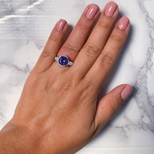 Load image into Gallery viewer, 3.12ct Round Tanzanite Ring with Diamond Halo in 14K White Gold