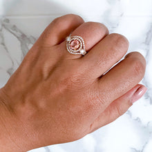 Load image into Gallery viewer, 1.01ct Oval Padparadscha Ring with Double Diamond Halo in 18K Rose Gold