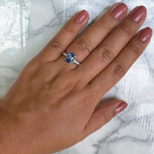 Load image into Gallery viewer, 3.30ct Oval Blue Sapphire Ring with Hidden Diamond Halo in 18K White Gold