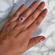 Load image into Gallery viewer, 1.50ct Princess Pink Sapphire Ring with Double Diamond Halo in 14K White Gold