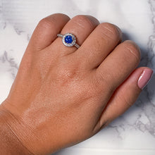 Load image into Gallery viewer, 0.91ct Round Blue Sapphire Ring with Diamond Halo in 14K White Gold