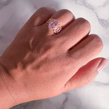 Load image into Gallery viewer, Three Stone Padparadscha Ring with Diamond Halo in 18K Rose Gold