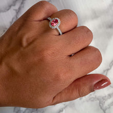 Load image into Gallery viewer, 1.02ct Oval GIA Certified Padparadscha Ring with Diamond Halo in 18K White Gold