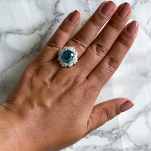 Load image into Gallery viewer, 12.75ct Cushion Blue Zircon Ring with Diamond Halo in 18K White Gold