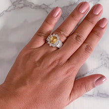 Load image into Gallery viewer, 3.38ct Oval Yellow Sapphire Ring with Diamond Halo in 14K White Gold