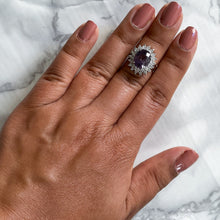 Load image into Gallery viewer, 4.67ct Oval Purple Spinel Ring with Double Diamond Halo in 14K White Gold