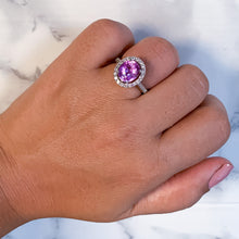 Load image into Gallery viewer, 3.09ct Oval Pink Sapphire Ring with Diamond Halo in 14K White Gold