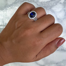 Load image into Gallery viewer, 3.59ct. Oval Blue Sapphire Ring with Diamond Halo in 18K White Gold