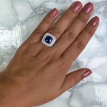 Load image into Gallery viewer, 4.35ct Cushion Blue Sapphire Ring with Double Diamond Halo in 18K White Gold