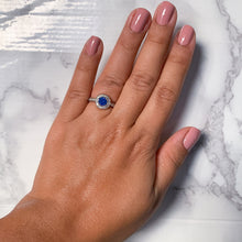 Load image into Gallery viewer, 0.91ct Round Blue Sapphire Ring with Diamond Halo in 14K White Gold
