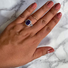 Load image into Gallery viewer, 4.49ct Cushion Purple Sapphire Ring with Diamond Halo in 18K White Gold