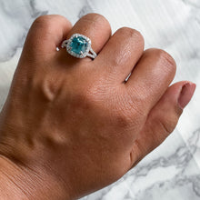 Load image into Gallery viewer, 5.04ct. Cushion Blue Zircon Ring with Diamond Halo in 18K White Gold