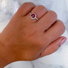 Load image into Gallery viewer, 1.75ct Unheated GIA Certified Round Ruby Ring with Diamond Halo in 18K White Gold