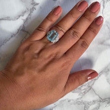 Load image into Gallery viewer, 6.47ct Emerald Aquamarine Ring with Diamond Accents in 18K White Gold