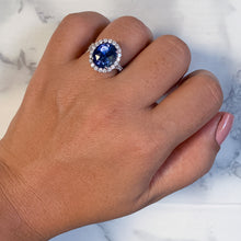 Load image into Gallery viewer, 7.86ct Oval Blue Sapphirewith diamond halo in 18K White Gold