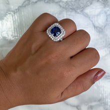 Load image into Gallery viewer, 4.35ct Cushion Blue Sapphire Ring with Double Diamond Halo in 18K White Gold