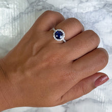 Load image into Gallery viewer, 1.62ct Round Blue Sapphire Ring with Diamond Halo in 18K White Gold